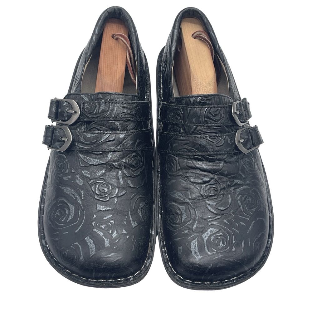 Alegria Alli Black Leather Floral Slide On Slip Resistant Comfort Nurse Clog - Picture 2 of 16